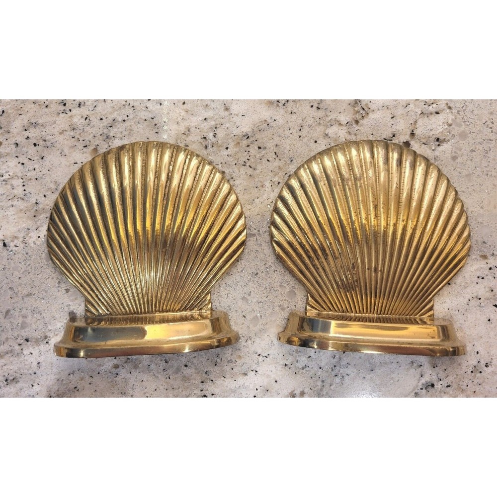 Vintage Brass Seashells Scallop Clam Shell Bookends Nautical Beach